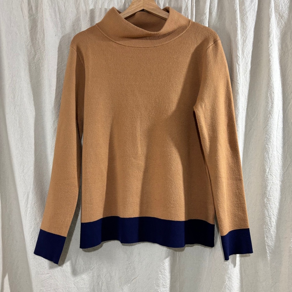 Avara Mock Neck Sweater Camel Tan Navy Blue Colorblock Knit Top Medium